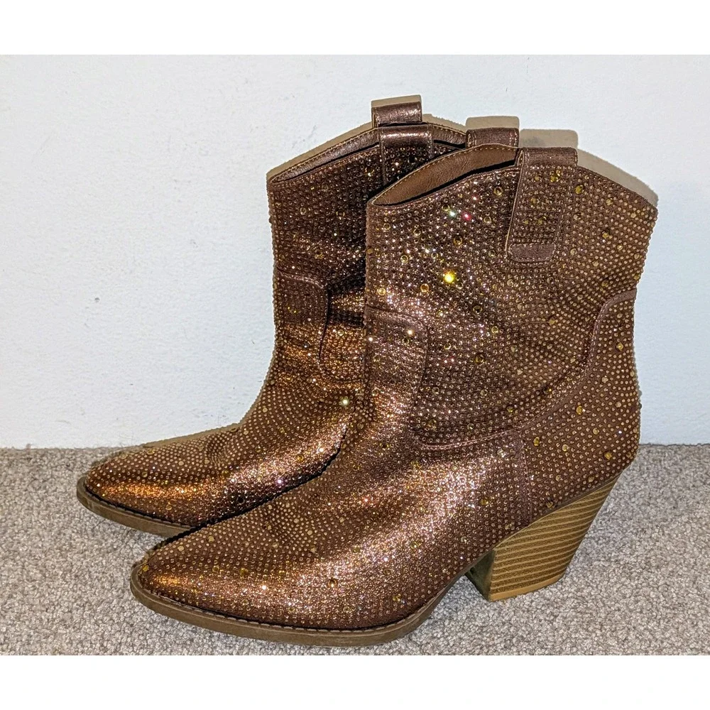 Forever Sparkly Rhinestone Western Boots Brown Block Heel Pointed Toe Size‎ 10